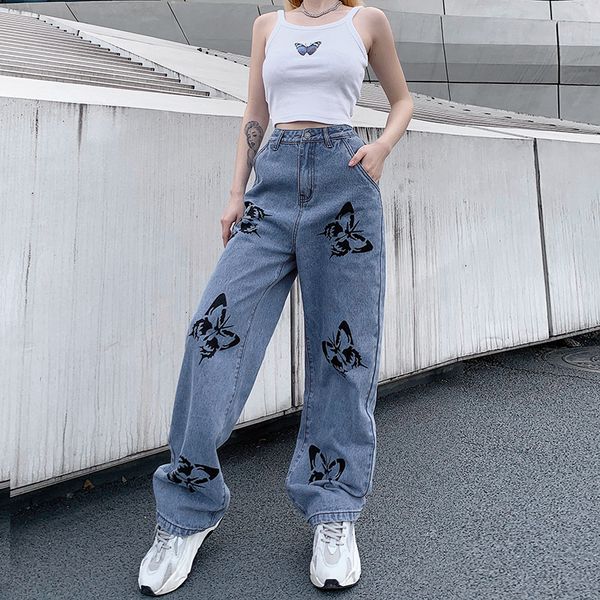 

women's jeans high waisted straight wide leg denim pants baggy loose casual trousers streetwear 230630, Blue