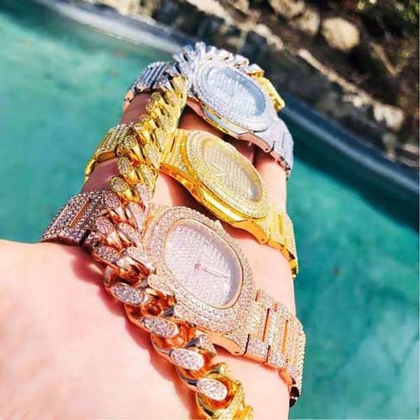 

luxury designer watch bust down watch full diamond watch hip hop diamond embedding fashion gold silver rose wholesale gift, Slivery;brown