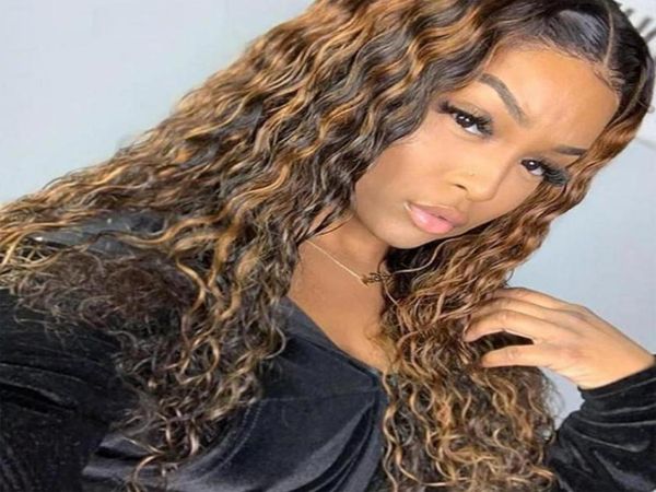

curly human hair wig honey blonde ombre 13x1 brazilian brown color deep water wave highlight lace front wigs82054121141701, Black;brown