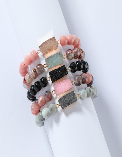 

natural stone druzy bracelet for women roundell beaded stretch bracelets with faux drusy rectangle bar rose quartz fashion bangles6698533, Golden;silver