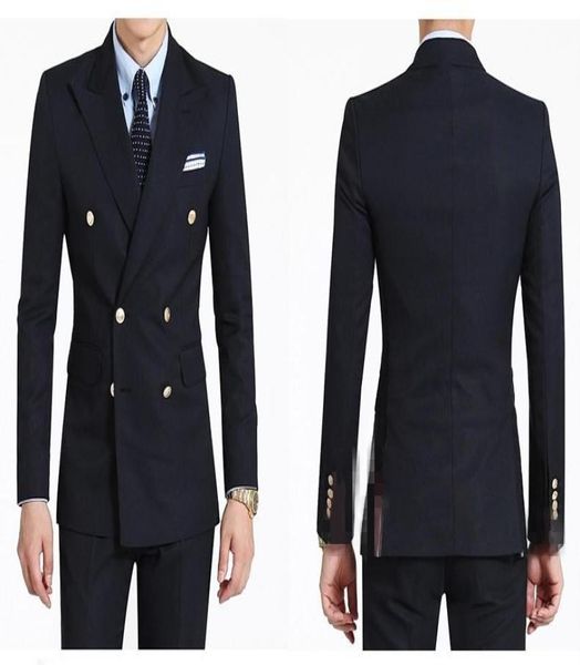 

new arrivals double breasted navy blue groom tuxedos peak lapel groomsmen man blazer mens wedding suits jacketpantstie d4110697, Black;gray