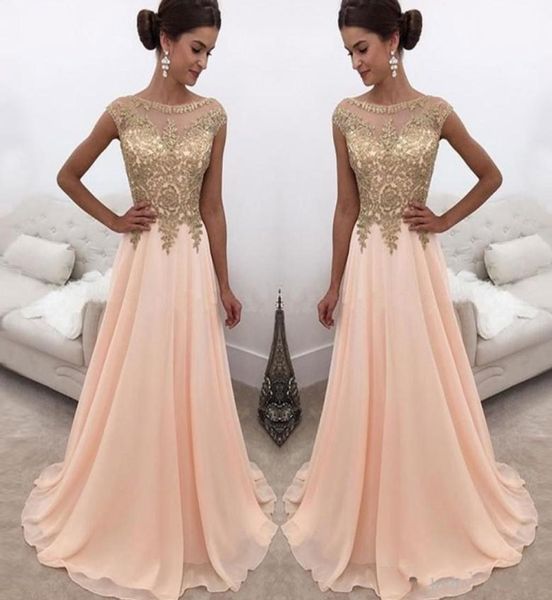 

2020 new arabic peach prom dresses illusion jewel neck gold lace appliques cap sleeves chiffon beaded sweep train party evening go3197947, Black