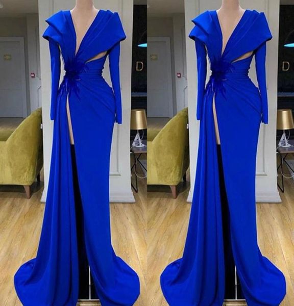 

2020 arabic african royal blue evening dresses deep v neck satin high side split prom dress ruffles long sleeve vestidos de novia 8341939, Black;red
