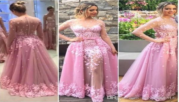 

pink sheer jewel prom dress lace applique illusion long sleeve covered button floor length party dress 2017 charming organza eveni7322260, Black