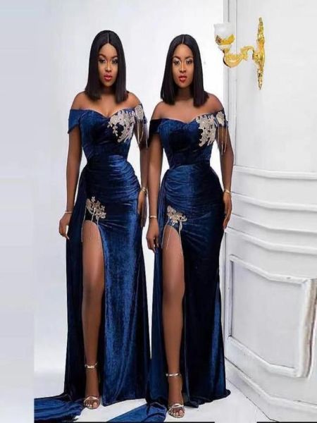 

royal blue bridesmaid dresses crystal lace vneck elegant off shoulder velvet velour side slit mermaid wedding party bridesmaid go9507279, White;pink