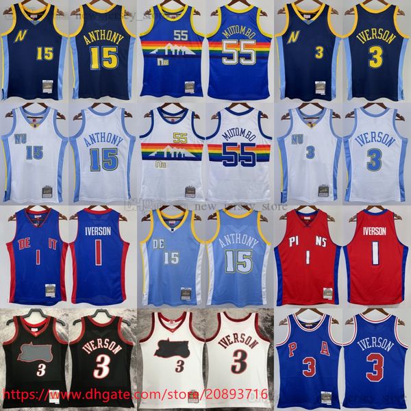 

printed mitchell and ness 1991-92 basketball 55 dikembe mutombo jersey retro carmelo anthony allen iverson jerseys shirts blue 2006-07 white, Black;red