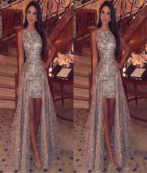 

sparkly sequins sheath short prom dresses 2019 jewel neck sleeveless formal party evening gowns with detachable overskirts pd882612656, Black