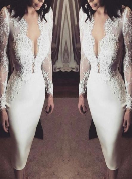 

2021 short mermaid wedding dresses long sleeves lace applique satin scalloped v neck custom made beach wedding gown vestido de nov5121749, White