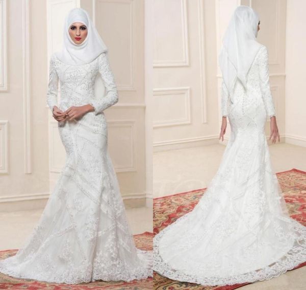 

2017 white muslim wedding dresses high neckline long sleeves bridal gowns with beaded applique mermaid style custom made wedding g4022760