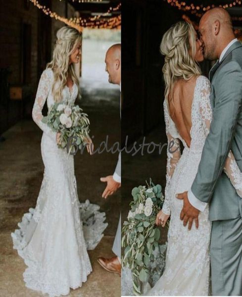 

backless mermaid wedding dresses with long sleeve v neck lace rustic country garden wedding gowns 2020 elegant vestidos de no7456958, White