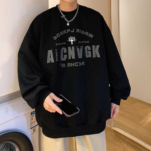 

sweater men's loose 2023 new boys' high school student trend ins spring and autumn long sleeve t-shirt round neck, Black