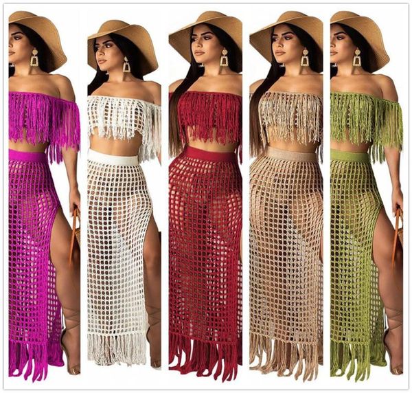 

ladies off shoulder mask transparent hollow sleeveless fringe summer swimsuit solid color bikini 2pcs swimsuit beach swimsuit9879012