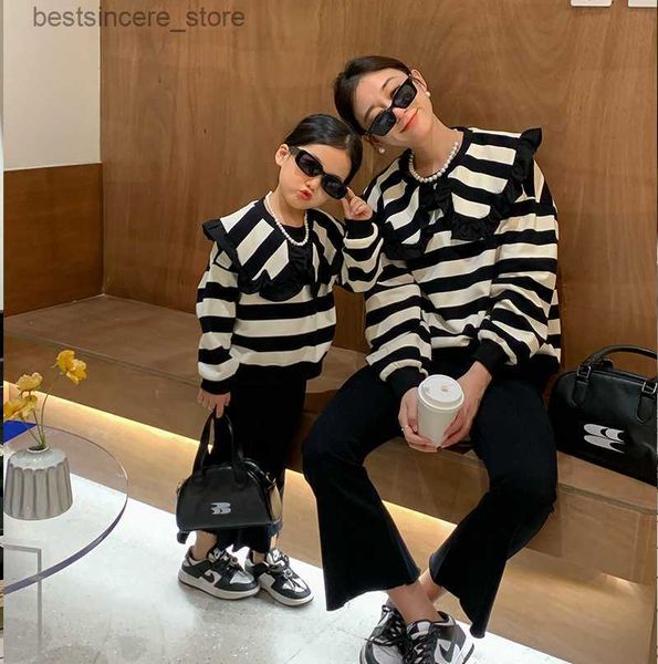 

2022 autumn new mother-daughter sweater girls korean version large lapel striped parent-child sweater family matching outfits l230522, Blue