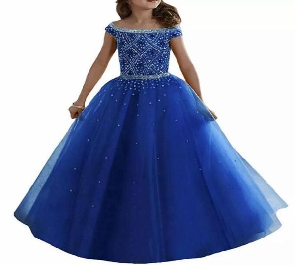 

royal blue off shoulders tulle flower girl dresses crystals beaded corset back floor length girls pageant gowns kids formal party 1295370, White;blue