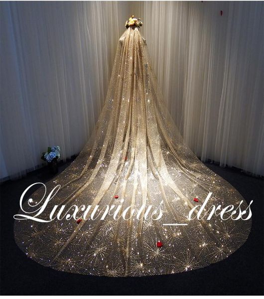 

gold sparkly blingbling glitters bridal veils luxury wedding veil bride meters long cathedral veil with comb peigne mariage6721866, Black
