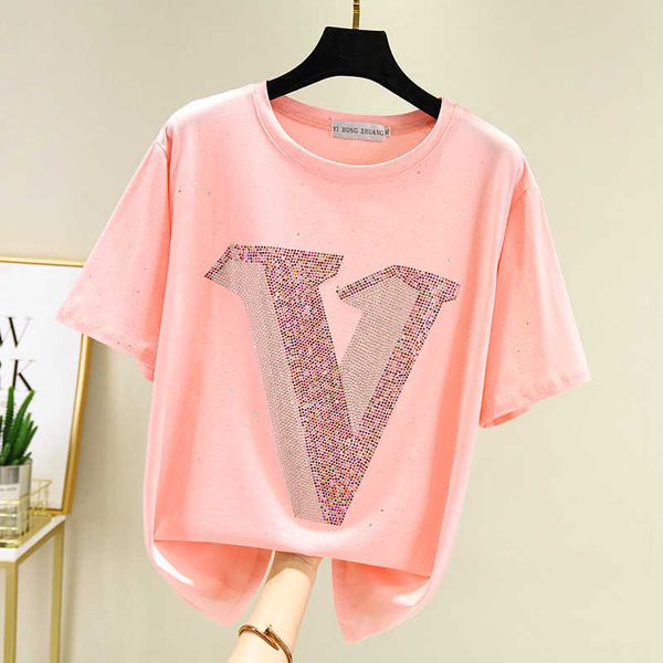

shiny diamond pattern press cotton t-shirt women's short sleeve summer fashion t-shirt women's shirt t-shirt 100% cotton, White