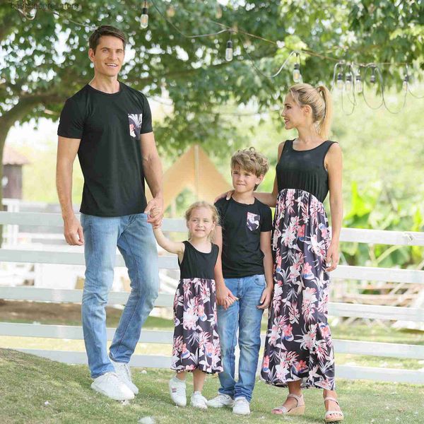 

spring family matching outfits summer printing parent-child clothes mother kid dress for girl father and son t-shirt baby romper, Blue