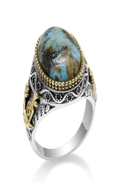 

turkish jewelry 925 sterling silver men ring with blue natural turquoise stone celebration sign thai silver ring for men women uni5311198, Golden;silver