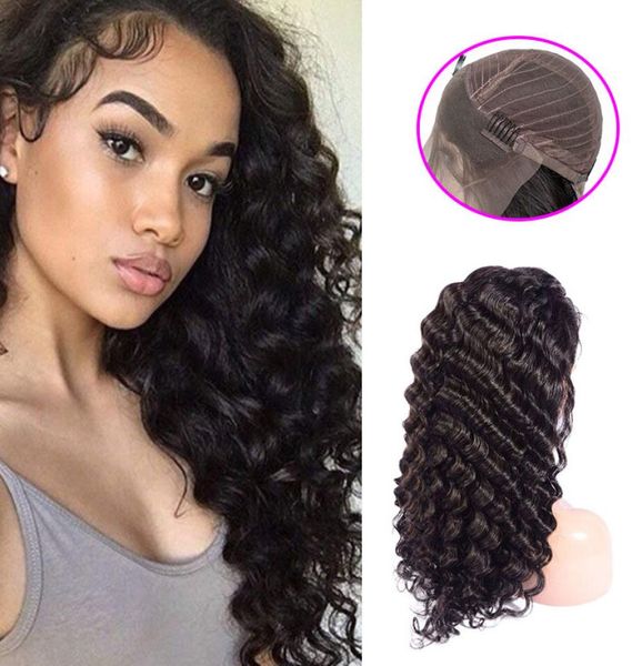 

malaysian virgin hair 13x4 lace front wigs deep wave 1432inch adjustable band pre plucked human hair lace wigs curly2637662, Black;brown