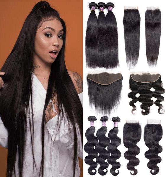 

10a human virgin hair brazilian remy straight 28 30 bundles with lace closure body deep water wave jerry kinky curly weft and 13x43034509, Black;brown