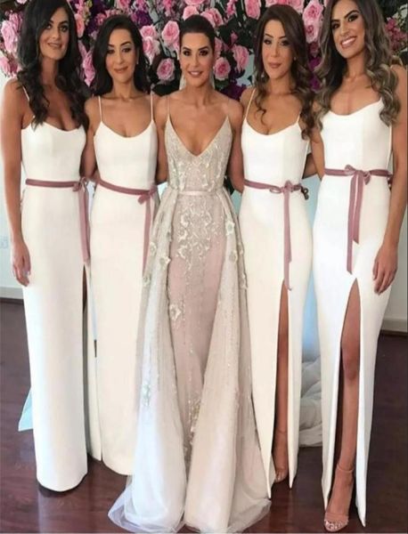 

spaghetti strap bridesmaid dress floor length split wedding party gown sash ribbon long formal dress custom made6894968, White;pink