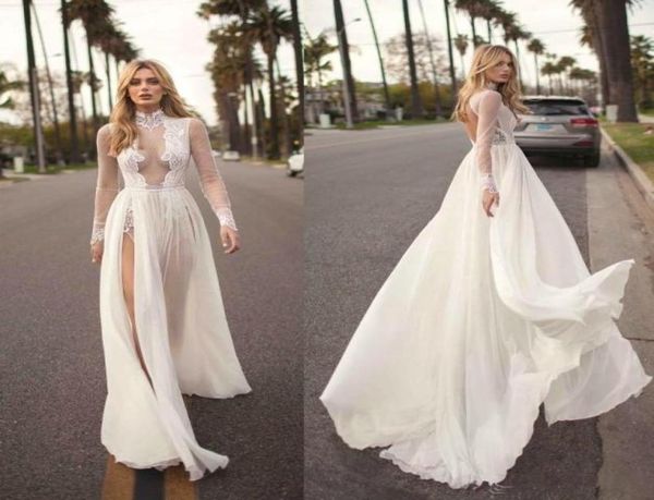 

2019 vintage muse by berta bohemian wedding dresses a line lace applique side split high neck beach wedding gown plus size eh8315559, White