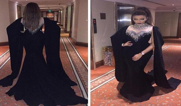 

2018 beaded crystals high neck black mermaid prom dresses sheer neck muslim saudi arabia formal evening prom gowns with wrap party9631223