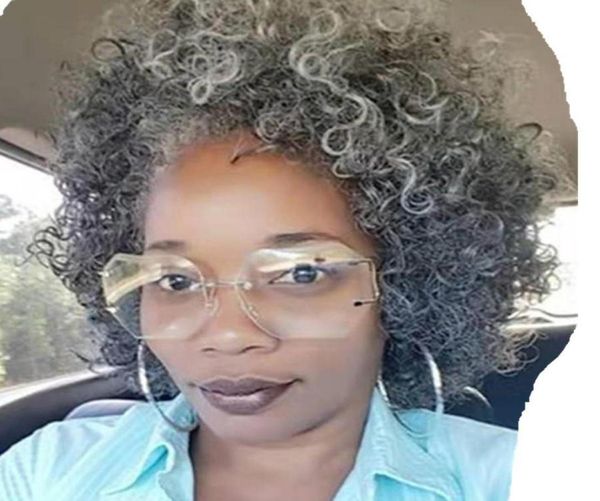 

short silver grey afro kinky curly bob wig for lady non lace salt and pepper human hair wig5526529, Black;brown