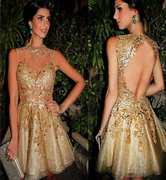 

2017 gold short cocktail dresses sheer neck sleeveless appliques beaded tulle illusion mini open back evening party dress pro2725694, Black