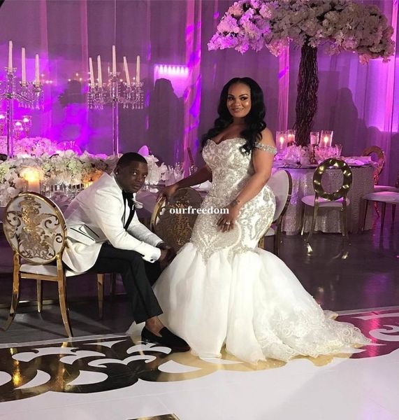 

2019 gorgeous plus size wedding dresses beaded crystal sequins mermaid off the shoulder africa bridal gown for church wedding cust6083884, White