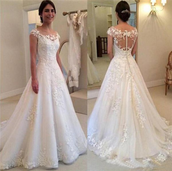 

lace wedding dress with cap sleeve illusion back sheer see through bridal dresses beaded appliques covered butto5855107, White