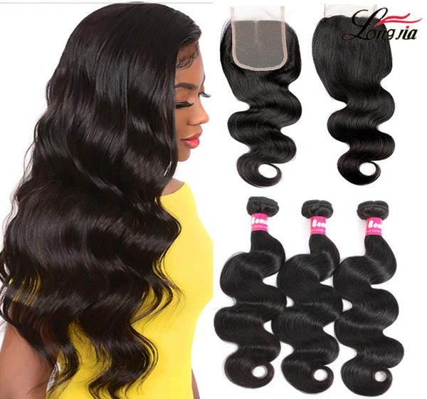 

brazilian body wave 34 bundles with lace closure natural color unprocessed brazilian human hair closure 4x4 human hair extensions8954086, Black