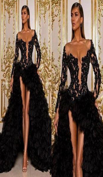 

2020 black arabic aso ebi prom dresses long sleeve lace beaded high low celebrity evening gowns illusion ruffles formal party dres4072949