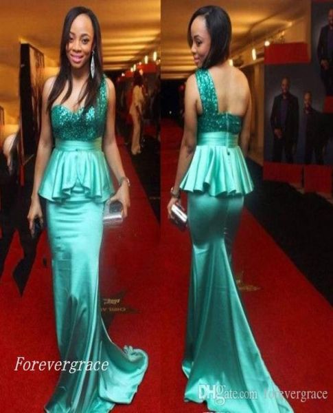 

2019 new backless one shoulder turquoise evening dress african mermaid sequins open back formal wear party gown custom made plus s1617128, Black;red