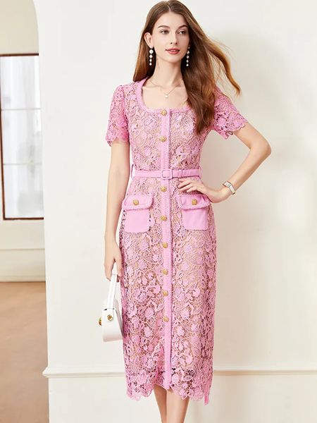 

Basic Casual Dresses High Quality Women Pink Lace Hollow Out Runway Dress Ladies Temperament Celebrity Luxury O-Neck Long Sleeved Dresses Vestidos 2024, Same as picture