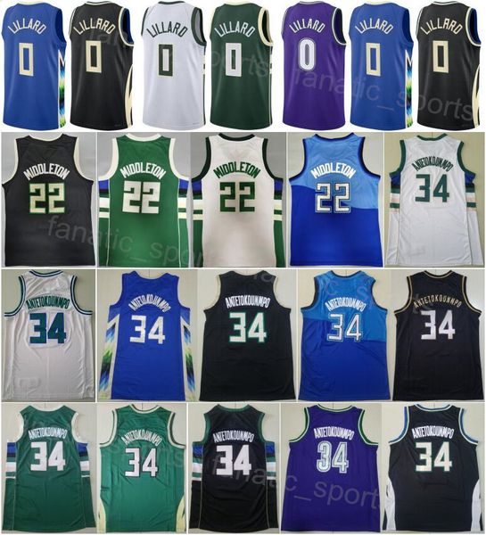 Man Basketball Giannis Antetokounmpo Jerseys 34 Damian Lillard 0 Khris Middleton 22 Classic Icon Black Green White Purple Blue City Statement Stitched Shirt Sport