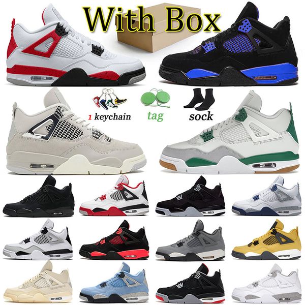 

With Box 4 Basketball Shoes Men Trainers J4 Jumpman 4s Sports Women Violet Ore Sneakers Military Black Cat Pine Green Red Thunder White Oreo Frozen Moments Size US 13, 36-47 vivid sulfur
