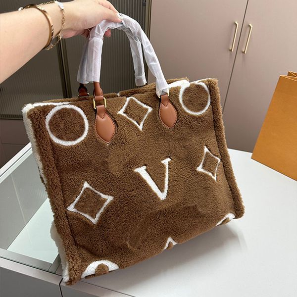 

Ladie brand Tote handbag V letter designer soft Plush totes wide shoulder strap crossbody bag Simple temperament shoulder handbags