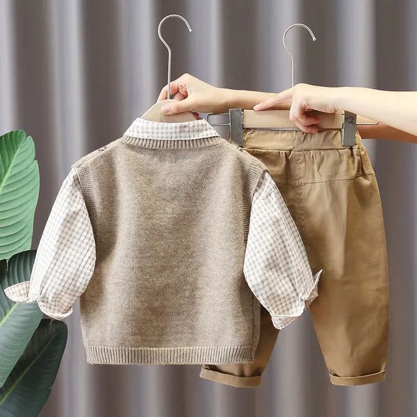 

Clothing Spring Plaid Set New Boy Korean Vest Sweater Shirt Jeans Three Piece Sets Baby Toddler Handsome Fall Clothes Suit 9ca8, Beige