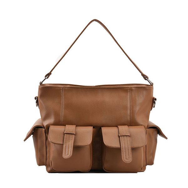 

Factory sales shoulder bags 3 colors this year's popular solid color leather motorcycle bag large capacity multi-pocket fashion handbag flip retro backpack 853#, Khaki