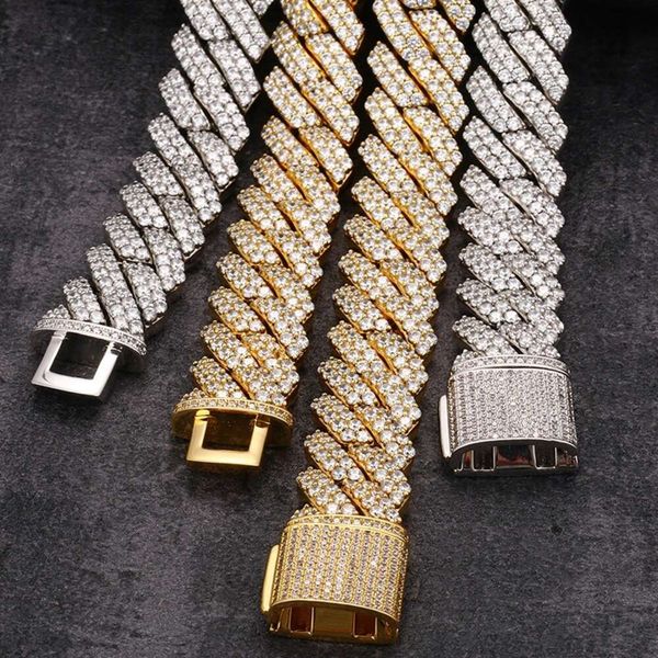 

New Sier Vermeil Iced Out Diamonds Moissanite Necklace 20Mm 2 Rows Prong Cuban Chain Necklace Bracelet Men Hip Hop Jewelry