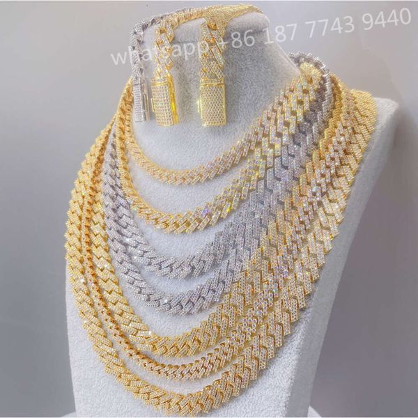 

7-26 Inches 12-16Mm Width 2Row Vvs Moissanite Sterling Sier Gold Plated Bracelet And Necklace For Men Cuban Link Chain