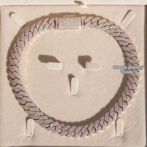 

15Mm 18Mm Width Real Rose Gold Plated Hip Hop Jewelry Sier Vvs Moissnaite Diamond Cuban Link Chain Necklace