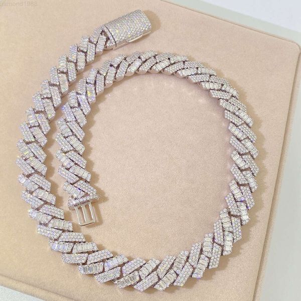 

Hip Hop Miami 15mm Two Rows Baguette Moissanite Iced Out Cuban Link Chain Jewelry Necklace for Men
