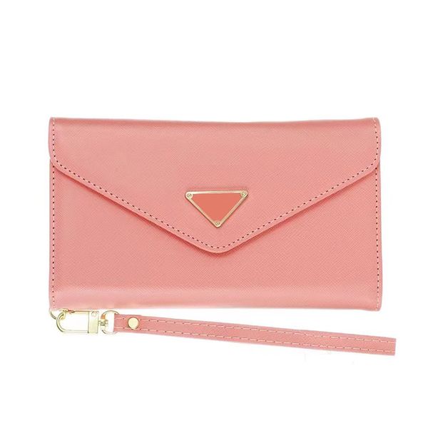 Universal Wallet Designer Phone Case For Apple iPhone 16 15 14 Samsung Galaxy S24 S23 S22 Plus Note 20 Ultra 5G Luxury Leather Tri-fold Card Holder Strap Wristband Pink