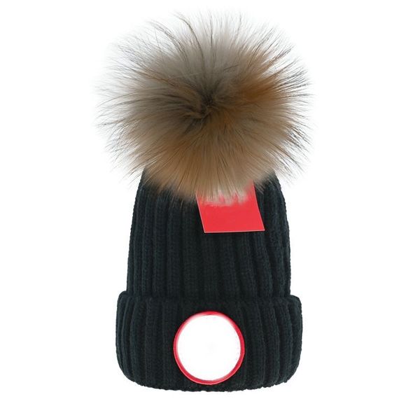 

Designer Winter Bonnet Cap Knitted Beanie Woolen Hat Men Women Chunky Knit Thick Warm Faux Fur Pom Beanies Hats Female Bonnet, Red