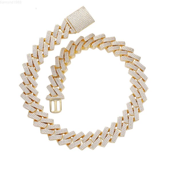 

Fashion Style Cuban Chain Necklace Gold Plated 3 Rows 15mm Width Moissanite Necklace S925 Silver Cuban Link Chain