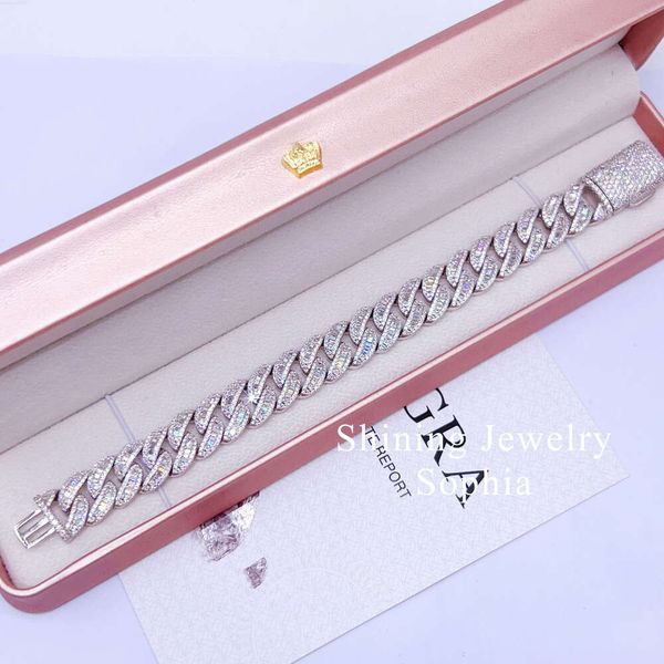 

Fine Jewelry Bracelet Hip Hop Iced Out Moon Design 925 Sterling Silver D-vvs1 Baguette Moissanite Diamond Cuban Link Bracelet