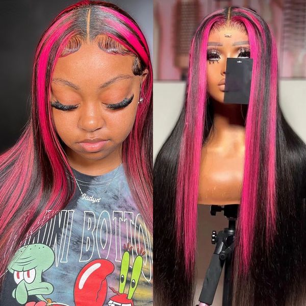 

Brazilian 180density Hair Black Pink Highlight Wig Simulation Human Hair Straight Lace Front Wig HD Transparent Lace Frontal Wig Preplucked al, Customize