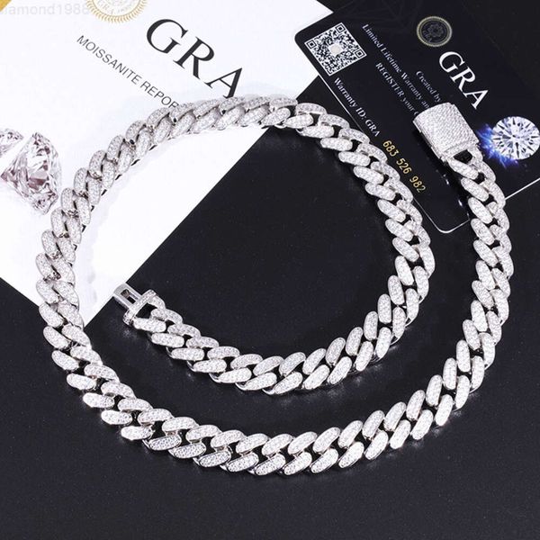 

Xingguang 12mm 19mm Wide 2rows Moissanite Silver Cuban Link Chain Bracelet and Necklace for Fine Hip Hop Jewelry